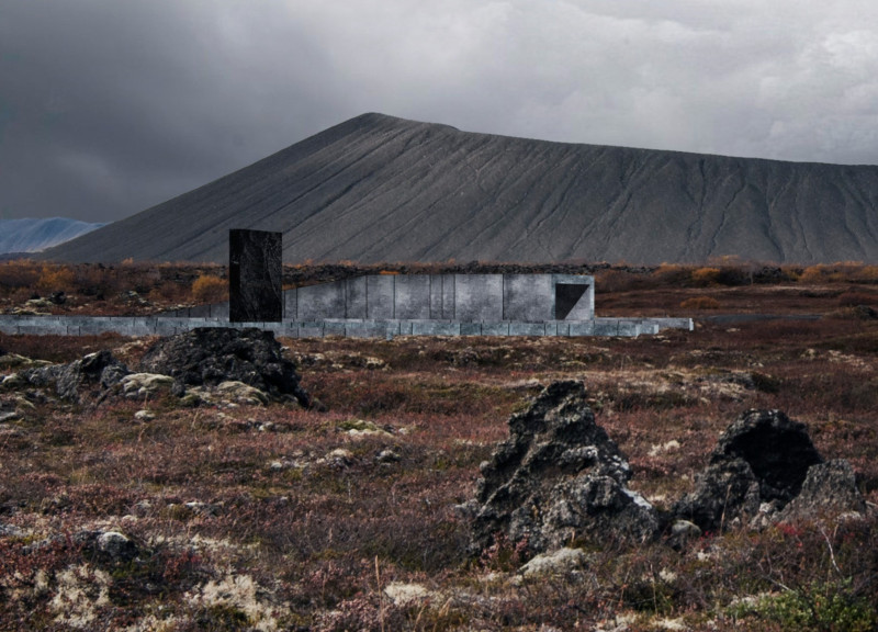 Perforated Concrete Facade Enhancing Natural Light in a Volcanic Landscape Community Space