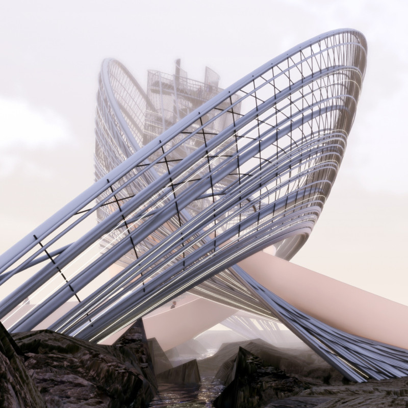 Curvilinear Glass Facade Integrating Volcanic Rock and Steel Framework in A Geothermal Visitor Center
