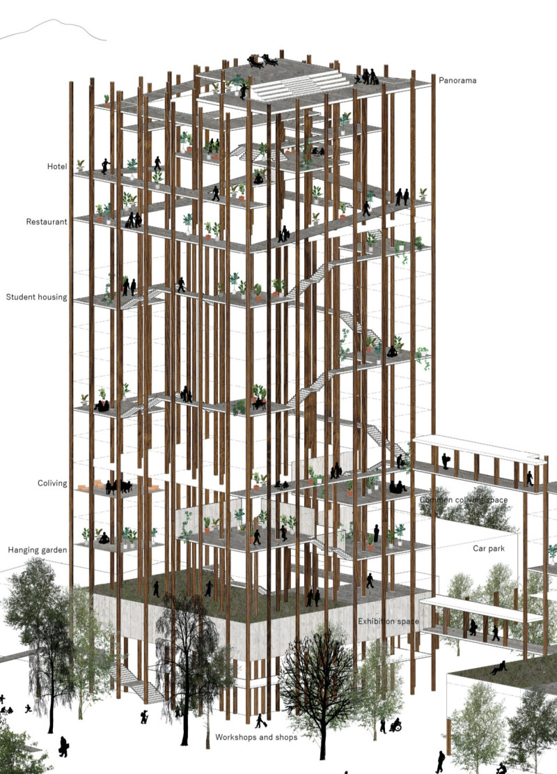 Charred Wooden Shingles and Vertical Pathways in Sustainable Urban Living Spaces