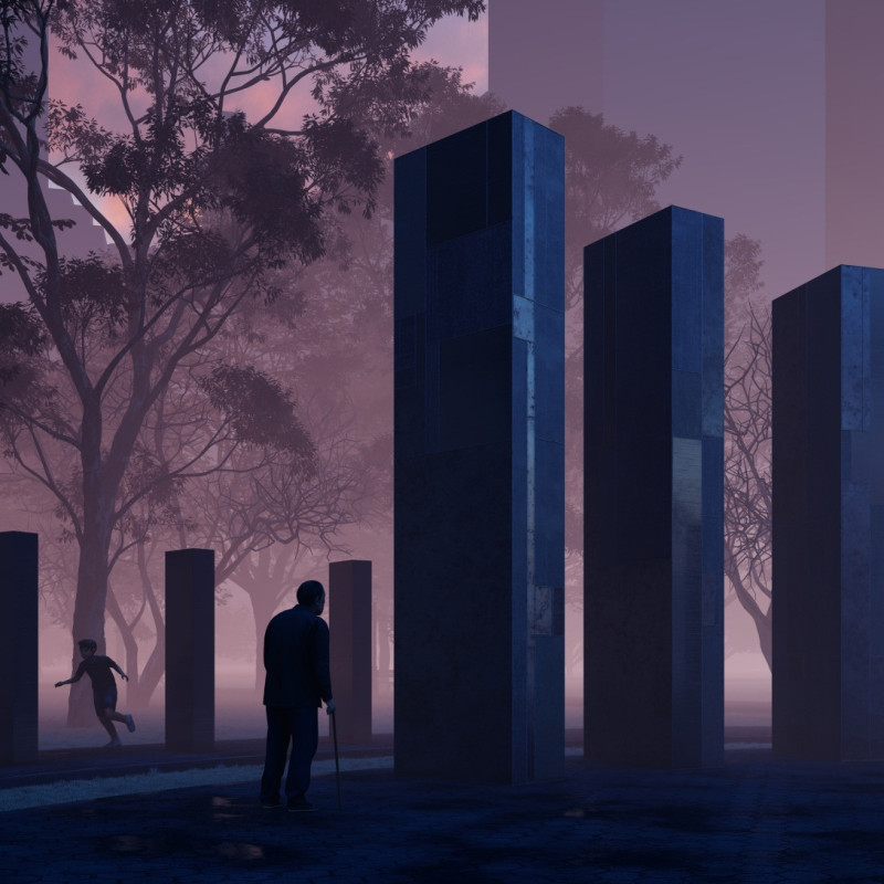 Corten Steel Columns Framing Reflective Glass Pathways in a Historical Memorial  