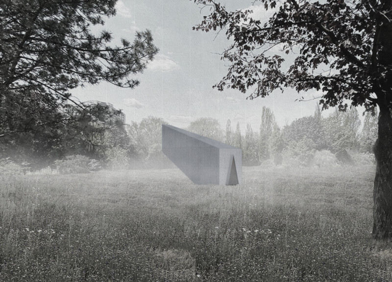 Triangular Concrete Form Featuring Steel Slits in a Serene Park Setting