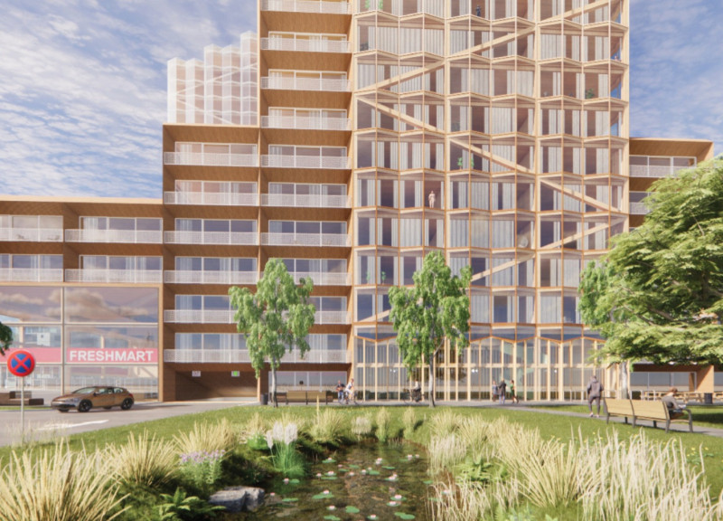 Cantilevered Volume of Solid Timber and Glass Integrating Community Spaces in Urban Germany