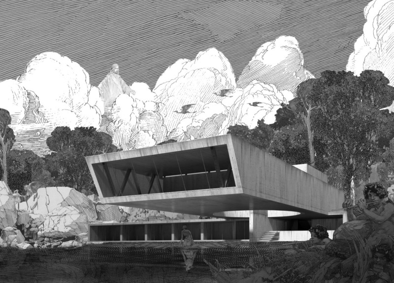 Cantilevered Structure Embracing Natural Light Through Glass and Reflective Surfaces  