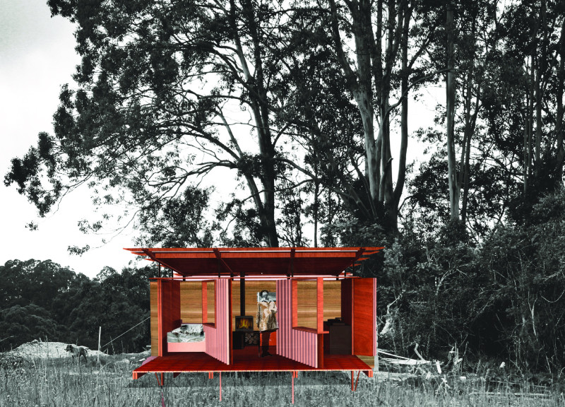 Cabin designed with rammed earth walls and spotted gum cladding that harmonizes with its natural landscape  