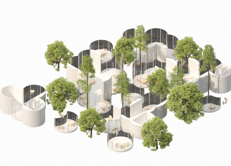 Circular Glass Pods With Biophilic Design Emphasizing Natural Wood Elements in a Park Setting  