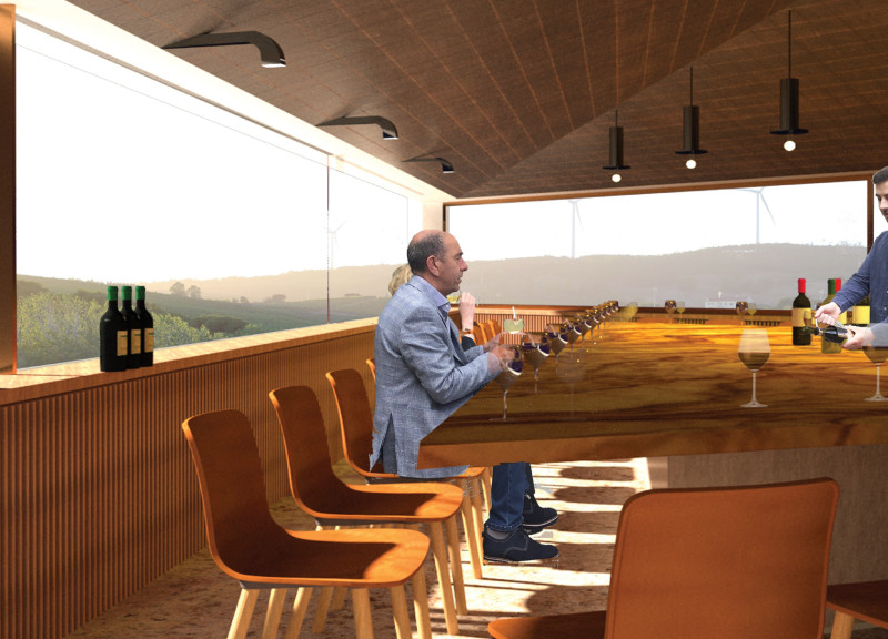 Curtain Wall Architecture With Pitched Roof Crafted from Durable Concrete and Warm Timber Elements for Wine Tasting Experiences