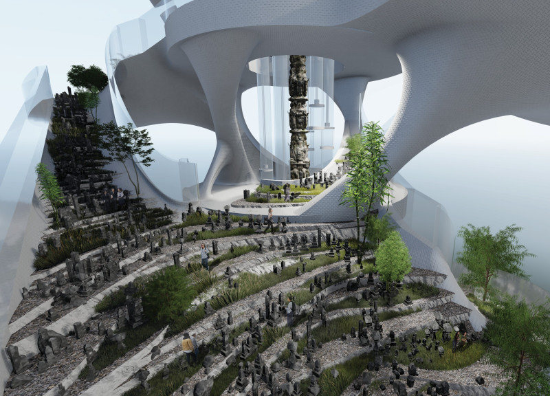 Vertical memorial space integrating reinforced concrete and green roof systems for urban reflection  