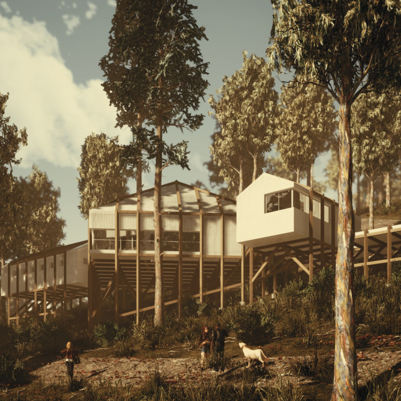 Charred Wooden Shingles and Elevated Timber Spaces Create a Connection to Nature in a Yoga Retreat  