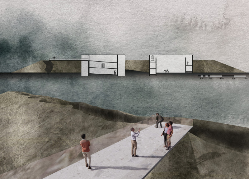 Visitor Center with Reflective Facades and Layered Textile Environments in the Icelandic Landscape