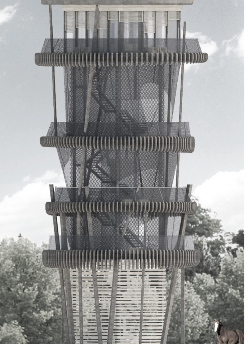 Observation tower designed with modular steel frameworks and perforated metal cladding interwoven into the natural landscape  