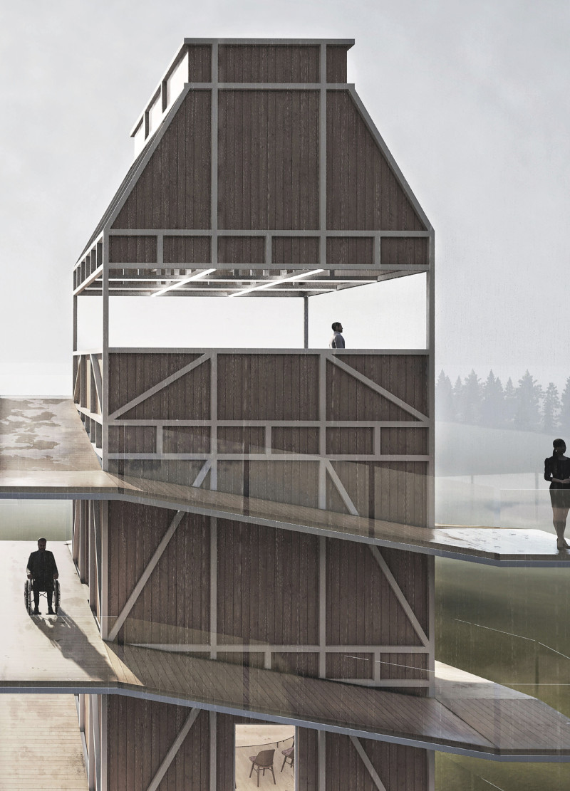 Vertical Barn Emphasizing Precast Concrete and Natural Wood Cladding for Community Engagement