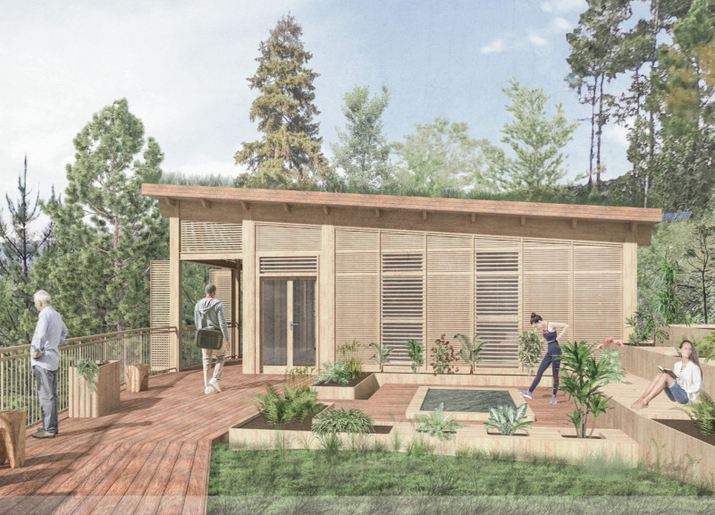 Charred Wooden Shingles and Cross-Laminated Timber Create a Tranquil Community Oasis  