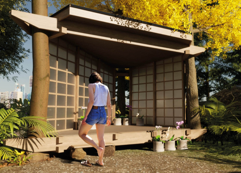 Sensory Pavilion Crafted with Sustainable Hardwood and Integrative Natural Flora  