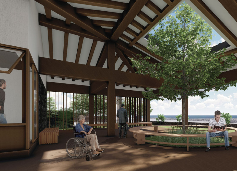 Basalt Walls and Natural Light Create a Serene Community Space for Well-Dying