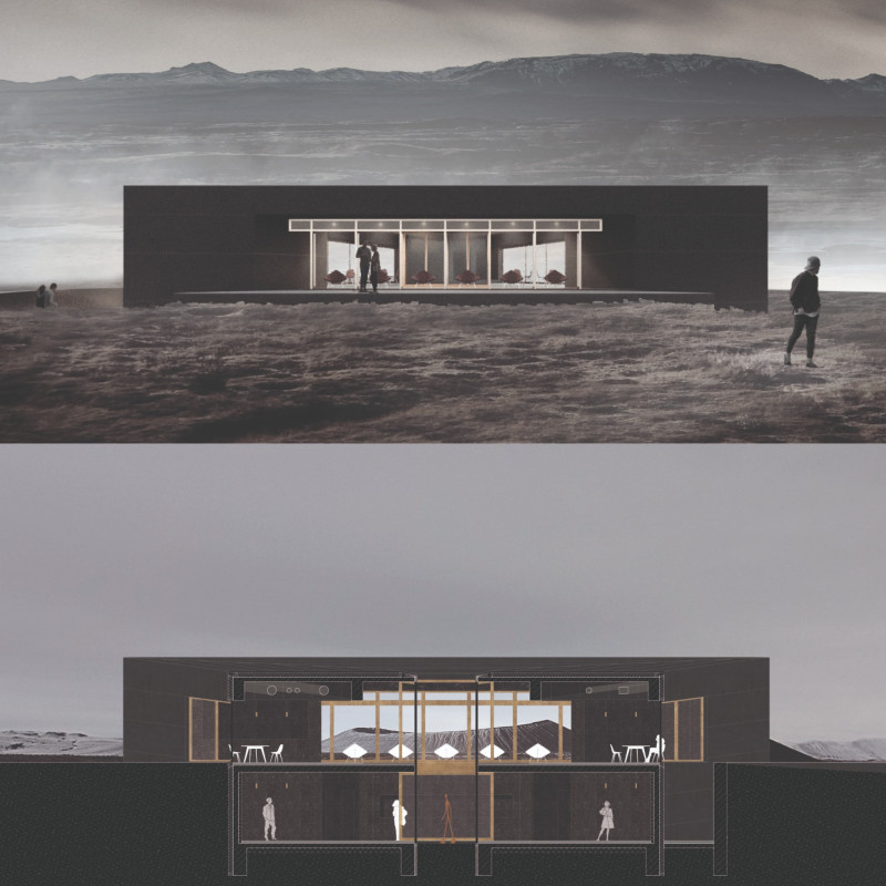 Volcanic Stone Structure Framing Expansive Views Through Brass Window Elements  