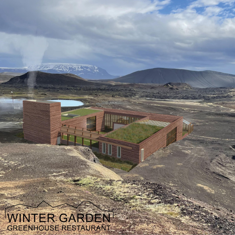 Geothermal Structure Wrapped In Volcanic Brick With Expansive Glass Facade And Integrated Green Roofs For Local Agriculture  