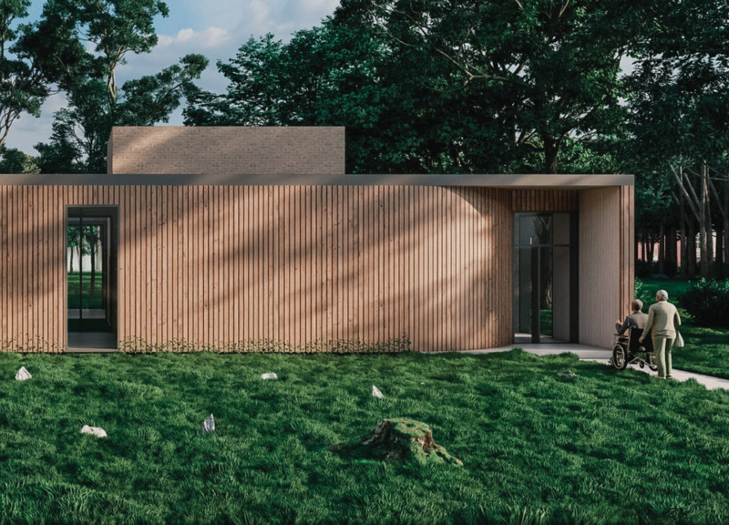 Landscape-Integrated Hospice With Earthy Brick and Natural Wood Finishes  
