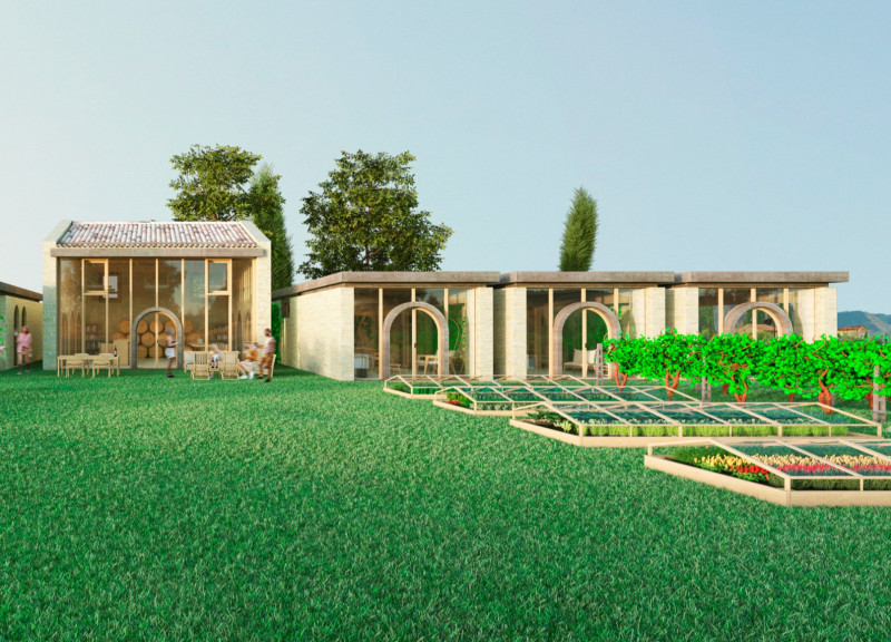 Sustainable Guesthouse Crafted From Local Stone With Clay Roofs Nestled In Agricultural Landscape