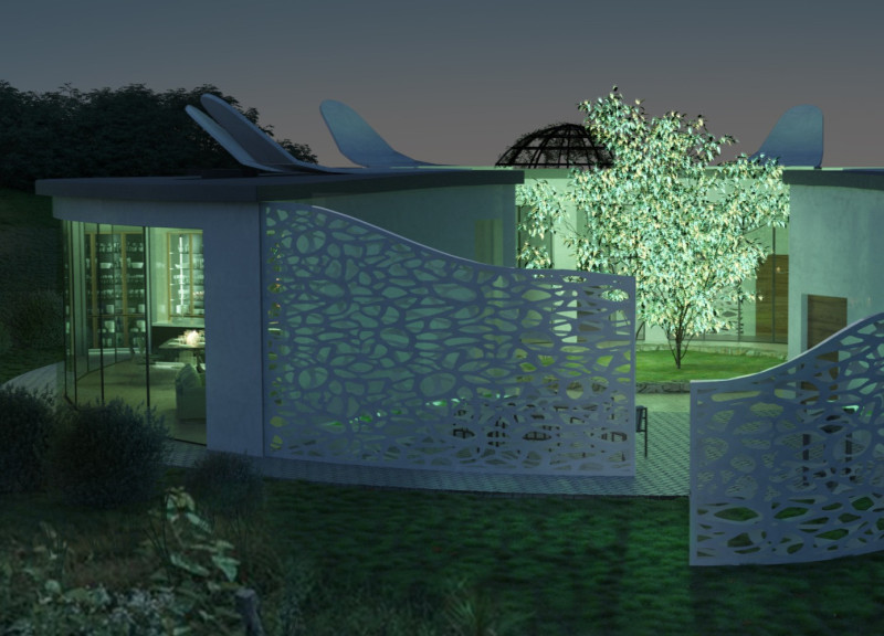 Fluid Forms of Reinforced Concrete and Glass Integrating Biophilic Elements in a Sustainable Residential Setting