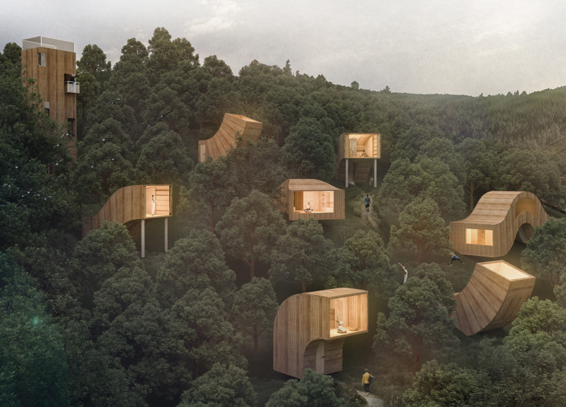 Cork and Timber Retreat Embedded in a Hillside with Serene Pathways  