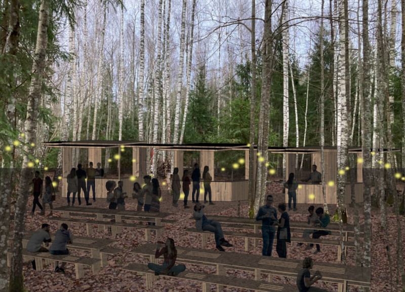 Foldable Timber Structures with Recycled Materials for Community Engagement in a Forest Setting