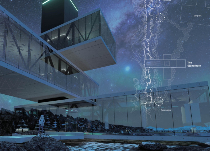 Tectonic Inspiration with Dark Concrete and Turquoise Glass Amidst Iceland’s Geological Landscape