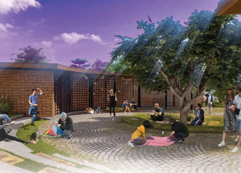 Community hub featuring earthy brown brick and local timber for sustainable living