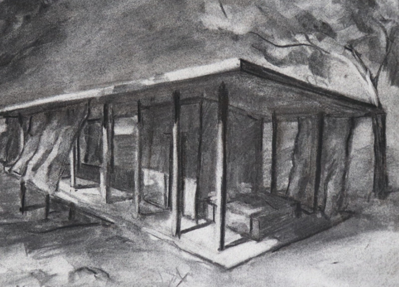 Dynamic Shadows Created by Linen Curtains and Steel Structure in a Tranquil Residential Setting  