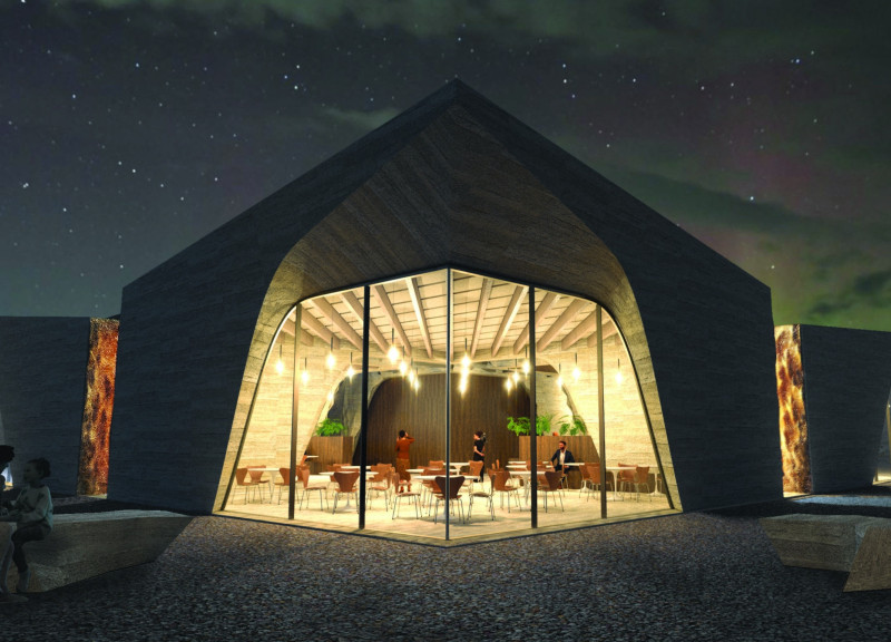 Rammed Earth and Glass Structure Seamlessly Integrating Volcanic Landscape With Community Gathering Space