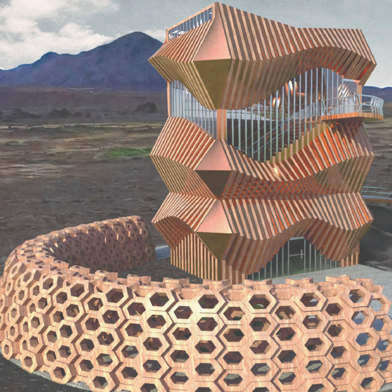 Hexagonal Observation Tower Crafted From Sustainable Concrete and Glass Harmonizing With Iceland's Volcanic Landscape