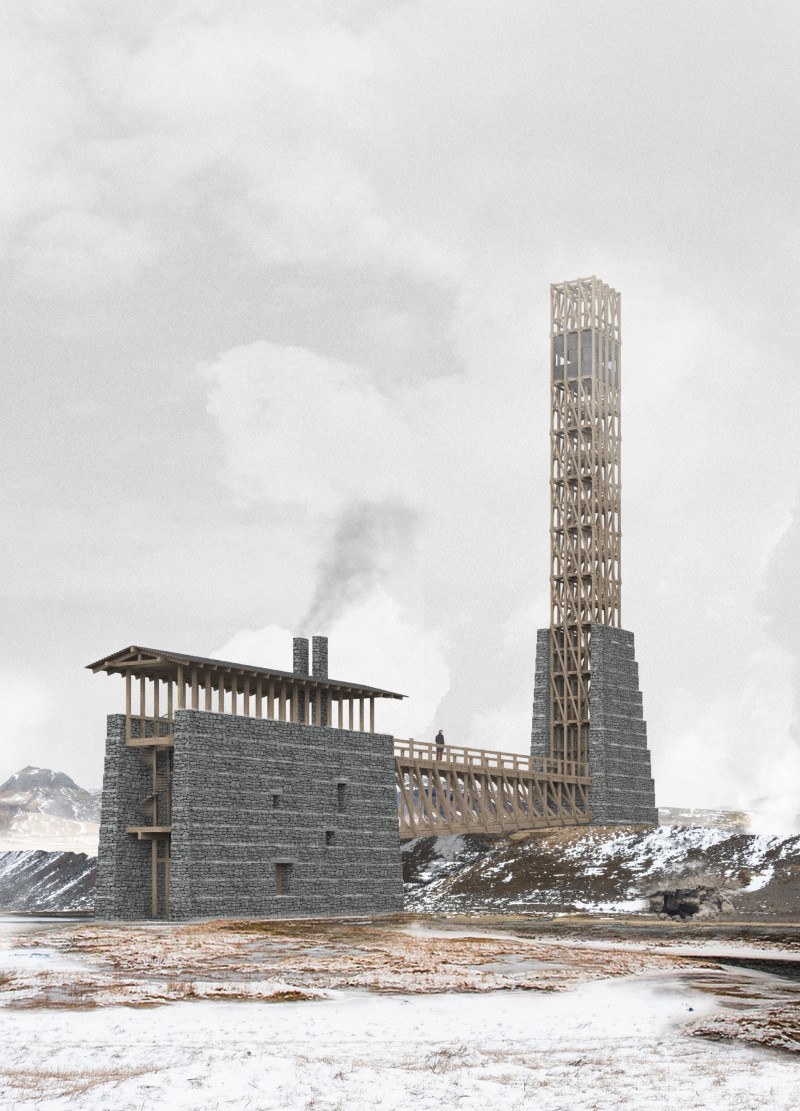 Lava Stone and Timber Tower Overlooking Geological Landscapes in Iceland