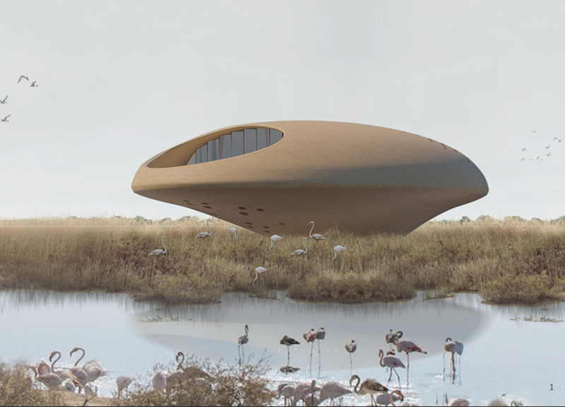 Egg-Shaped Visitor Center Made With Charred Wooden Shingles and Eco-Friendly Materials Overlooking Wetlands