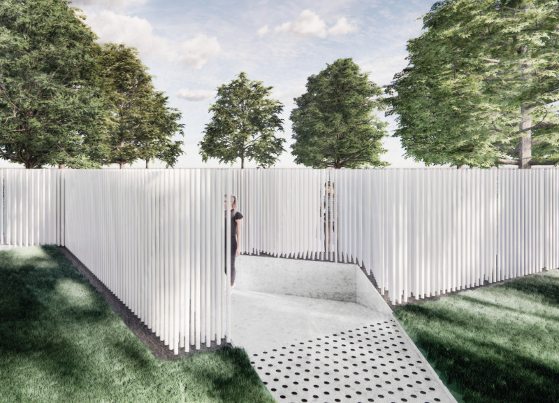 Light-Infused Acrylic Rods Intertwined with Perforated Concrete in a Reflective Memorial Space