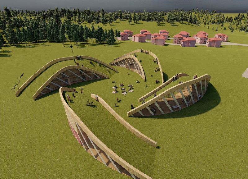 Charred Wooden Shingles and Cross-Laminated Timber Panels in a Spiral Community Hub