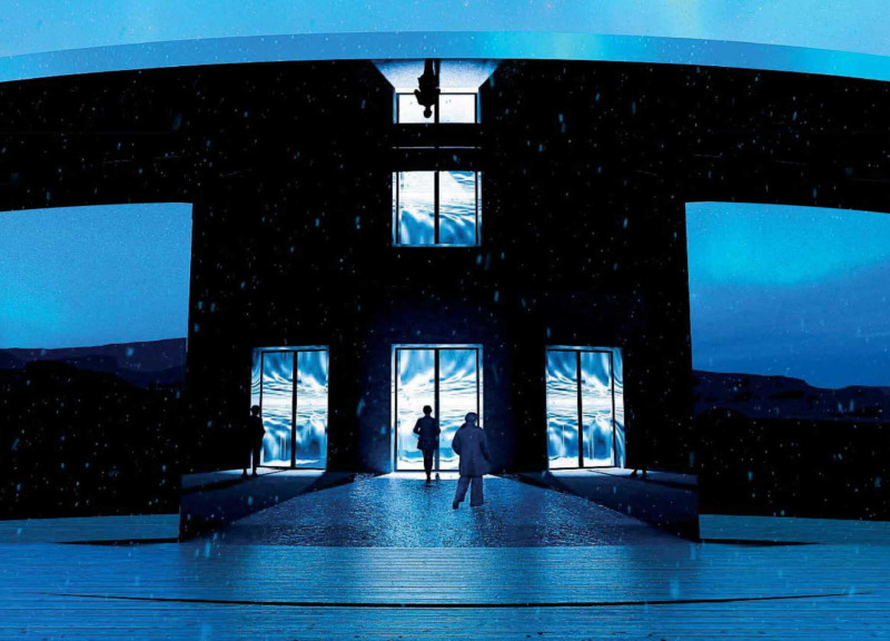 Mirrored Facades and Reflective Surfaces in a Cinematic Pavilion Embracing Icelandic Geography