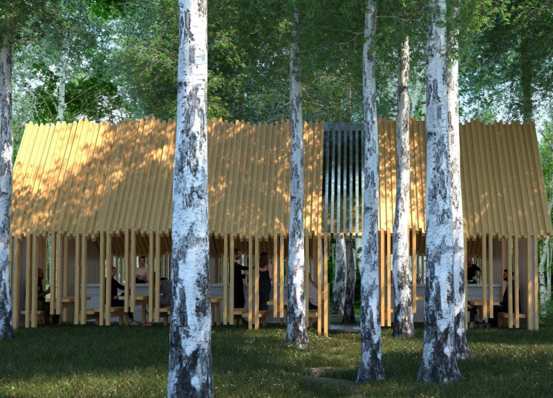 Serrated Roof Canopy of Timber and Glass Encloses Communal Dining Amidst Birch Trees