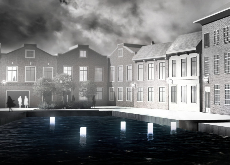 Reflective Steel Poles and Tranquil Water Elements in Community Memorial Space  