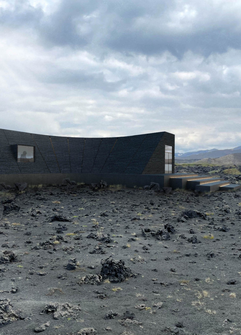 Café Incorporating Burnt Wood and Panoramic Glass in a Volcanic Landscape