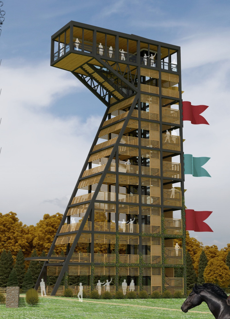 Pine and Steel Lookout Tower Embracing Geothermal Efficiency Amidst Natural Landscapes