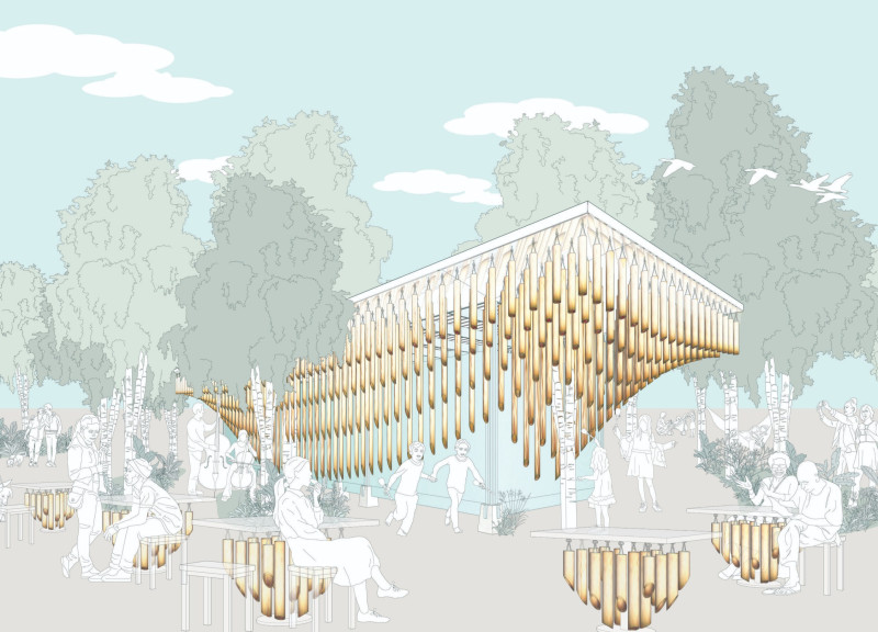 Bamboo Chimes and Curvilinear Roof Enhance a Community Gathering Pavilion