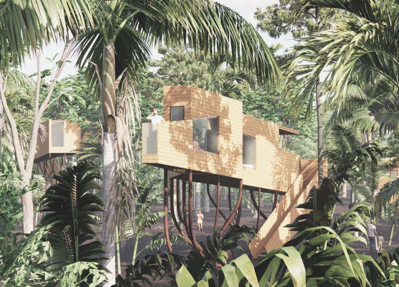 Yoga retreat featuring laminated waterproof wood and curved metal supports in a forest setting