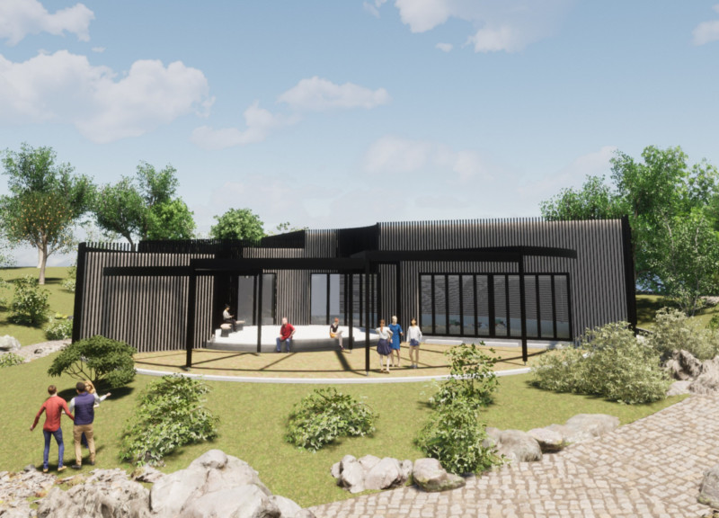 Cross-Laminated Timber Structure With Natural Stone Integrating Outdoor Gathering Spaces  