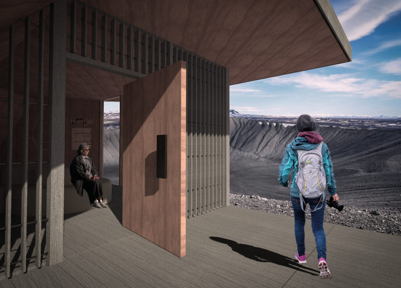 Charred Wooden Shingles Frame A Passive Lookout Nestled In Volcanic Terrain