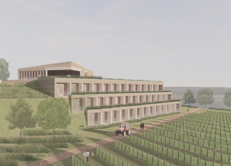 Charred Wooden Shingles and Local Stone Enhance a Vineyard's Community Hospitality Experience