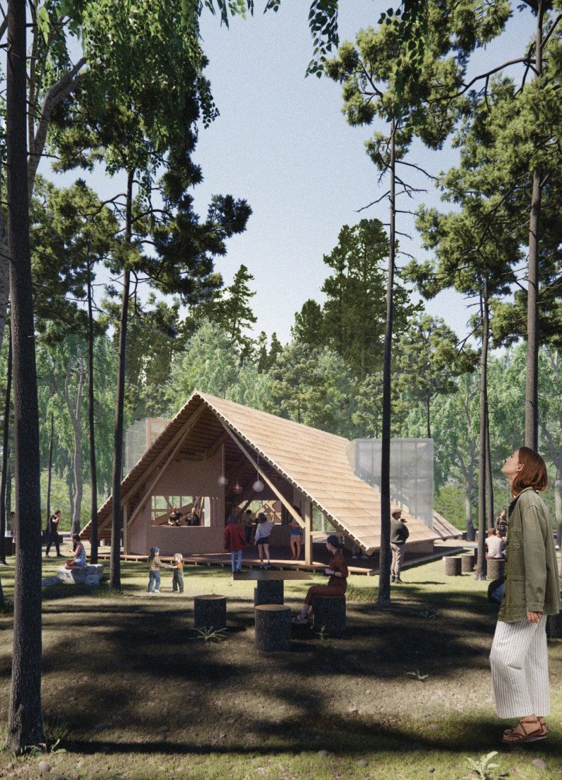 Charred Wooden Shingles and Natural Light Wells in a Community Gathering Space