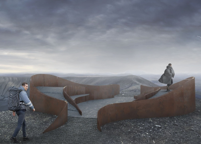 Charred Wood and Metal Structure Harmonizing with Volcanic Landscape for Elevated Viewing Experience