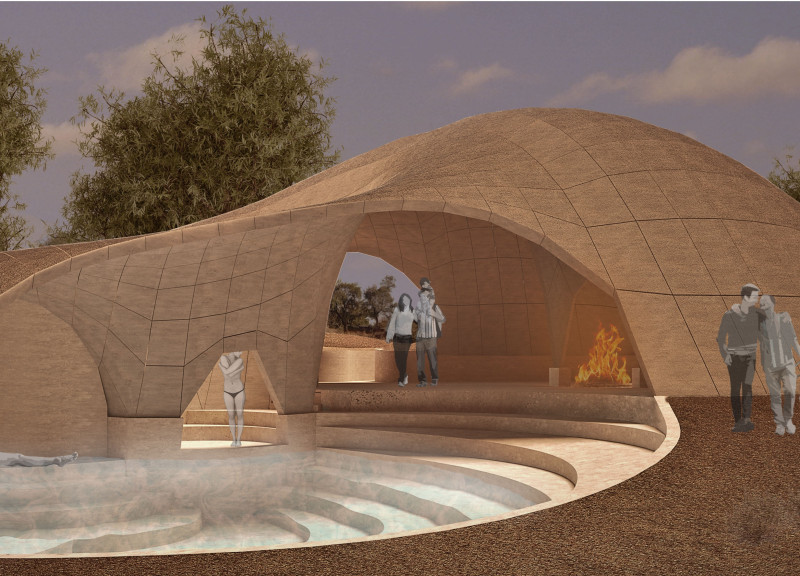 Rammed Earth and Pumice Structures Shaping a Centerless Spiral for Community Wellness