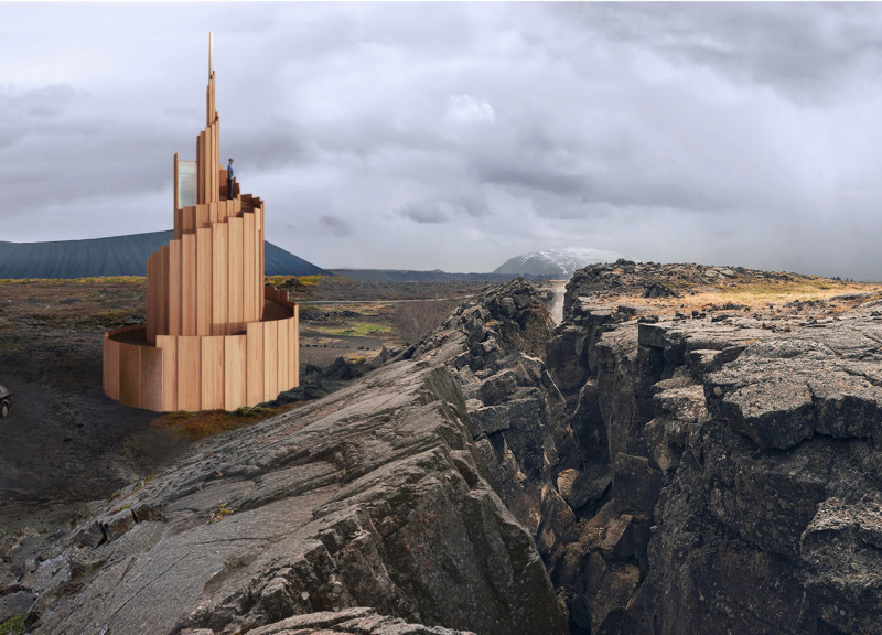 Spiral Form Constructed With Engineered Wood and Charred Shingles for Geological Interpretation  