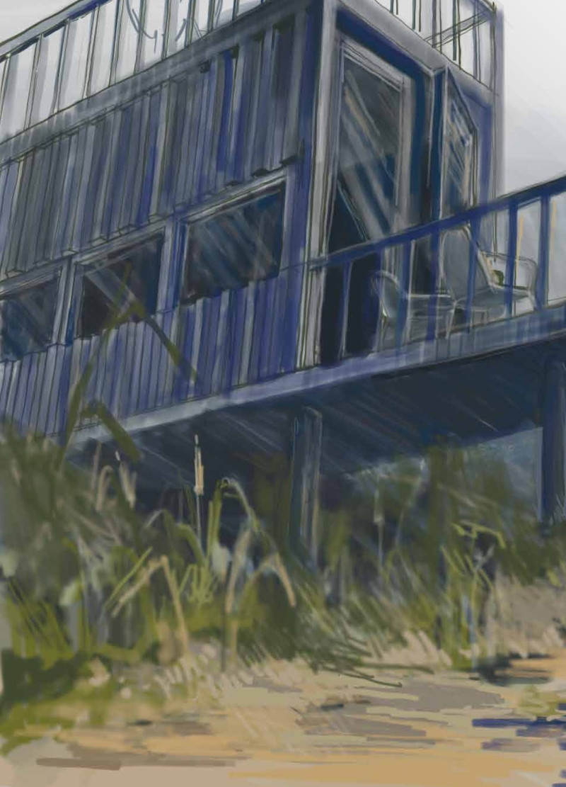 Repurposed Shipping Containers Integrated with Community Spaces in a Serene Meadow Setting  