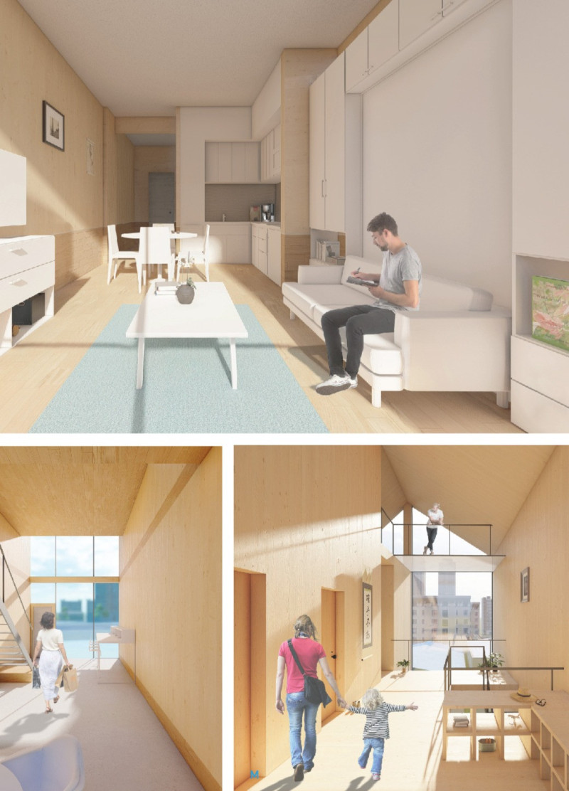 Charred Wooden Shingles and Cross-Laminated Timber Create Sustainable Community Living Under Urban Infrastructure